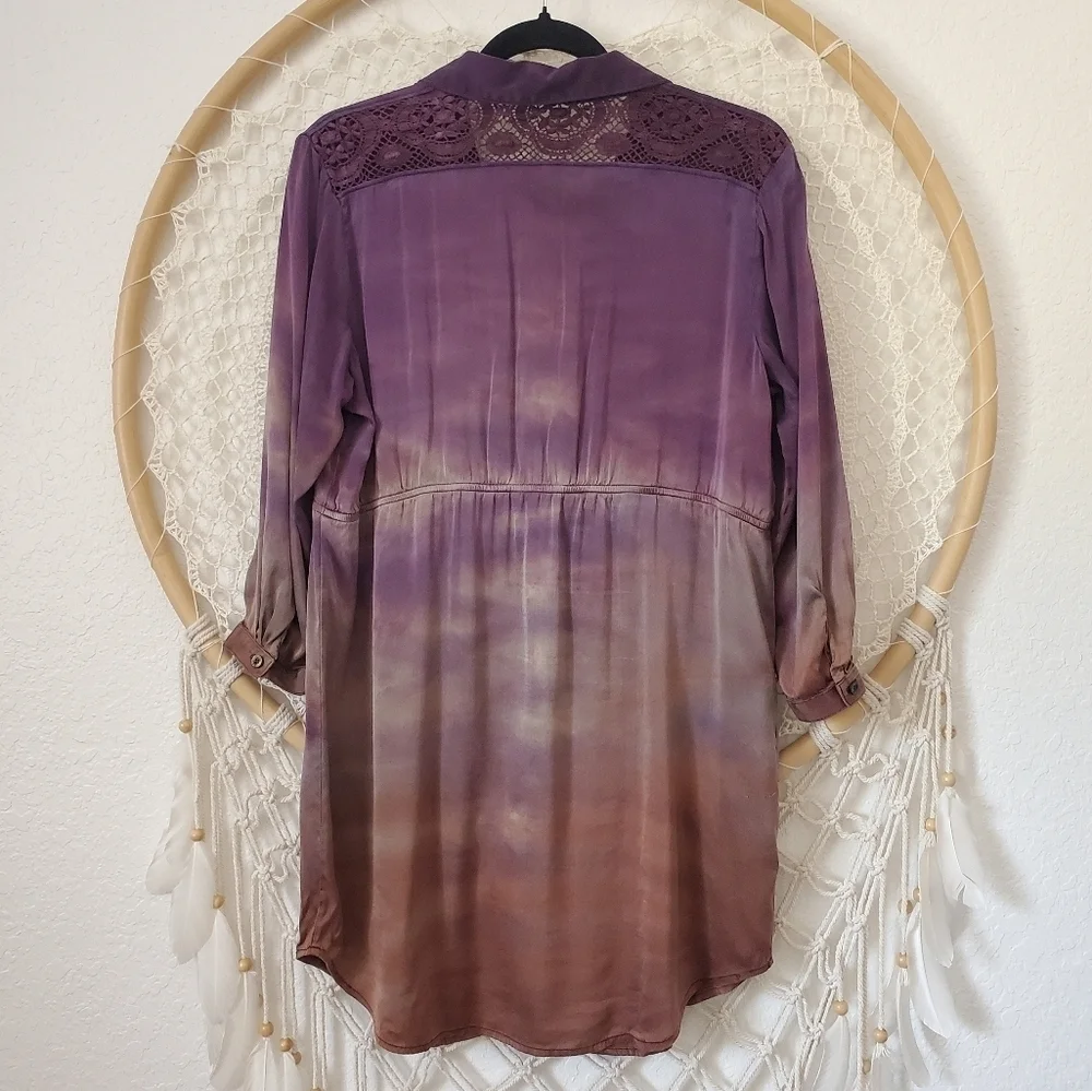 Michelle Jonas Ombre Tie-Dye Silk 3/4 Sleeve Button Down Babydoll Tunic Top L